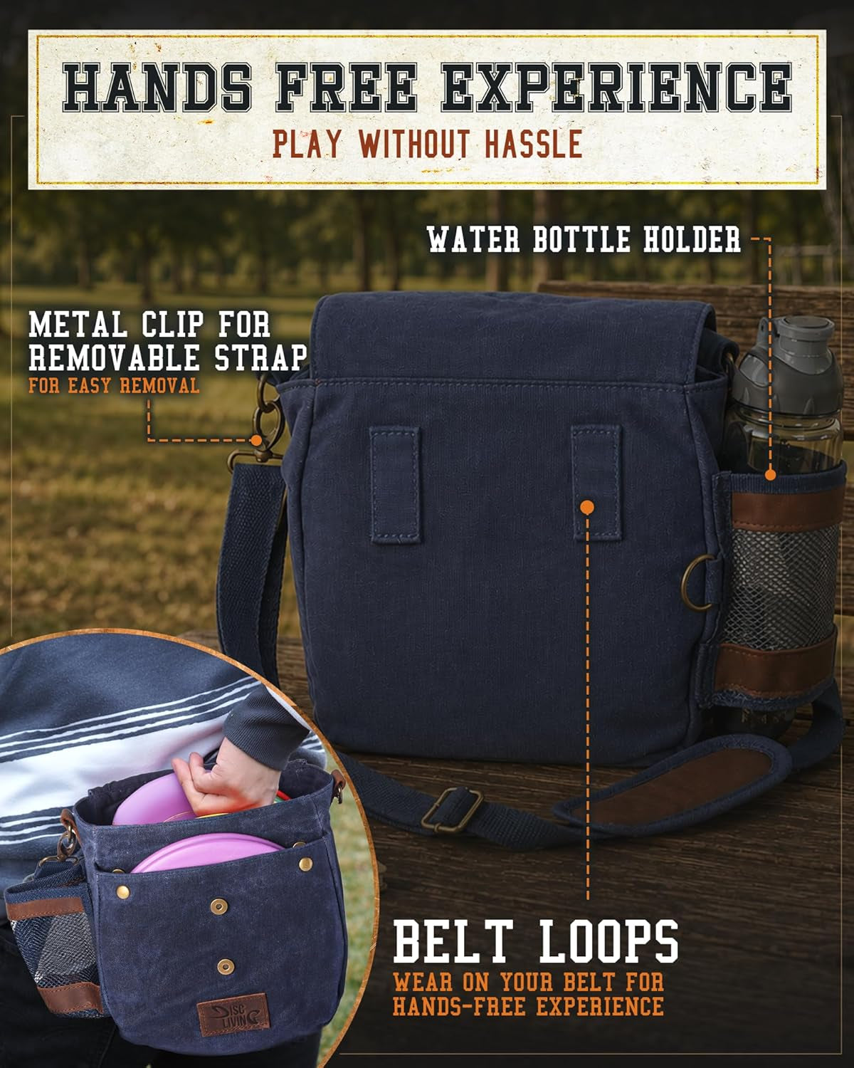 Disc Golf Bag | Frisbee Golf Bag | Easy to Carry | Lightweight Fits up to 10 Discs | 16 Oz Waxed Canvas Sturdy Design | Belt Loop | Double Button Design | Bottle Holder
