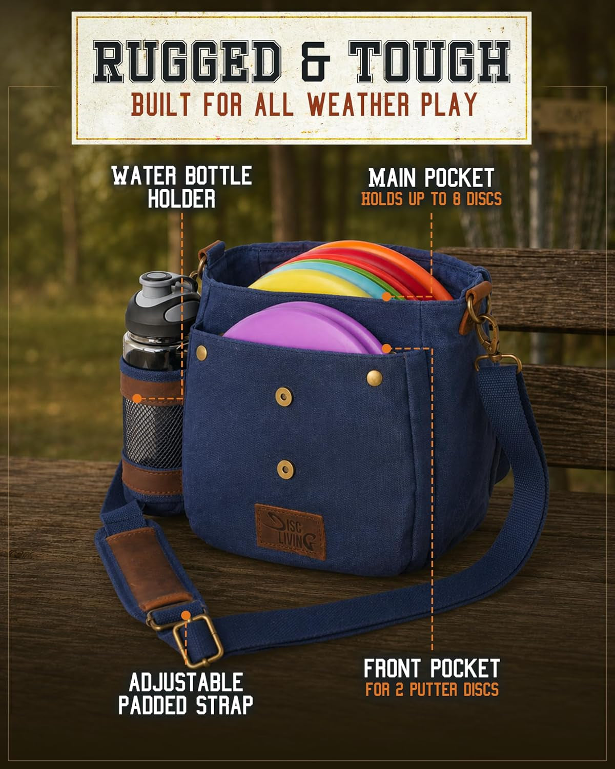 Disc Golf Bag | Frisbee Golf Bag | Easy to Carry | Lightweight Fits up to 10 Discs | 16 Oz Waxed Canvas Sturdy Design | Belt Loop | Double Button Design | Bottle Holder