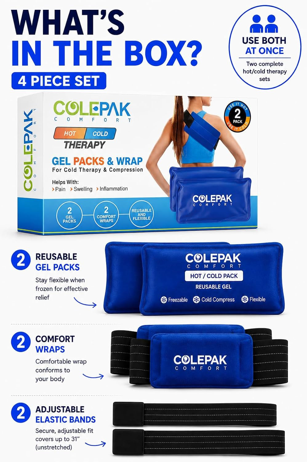 Hot & Cold Ice Packs for Injuries Reusable Gel (4 Pc Set) for Pain Relief, Joint Muscle Soreness Swelling for Knees Back Shoulder Foot