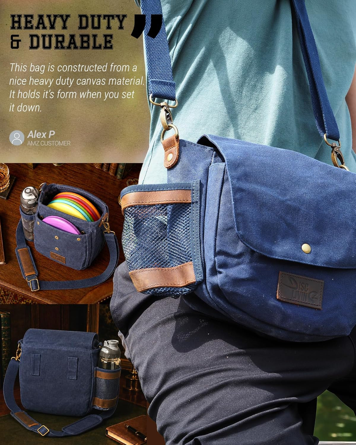 Disc Golf Bag | Frisbee Golf Bag | Easy to Carry | Lightweight Fits up to 10 Discs | 16 Oz Waxed Canvas Sturdy Design | Belt Loop | Double Button Design | Bottle Holder