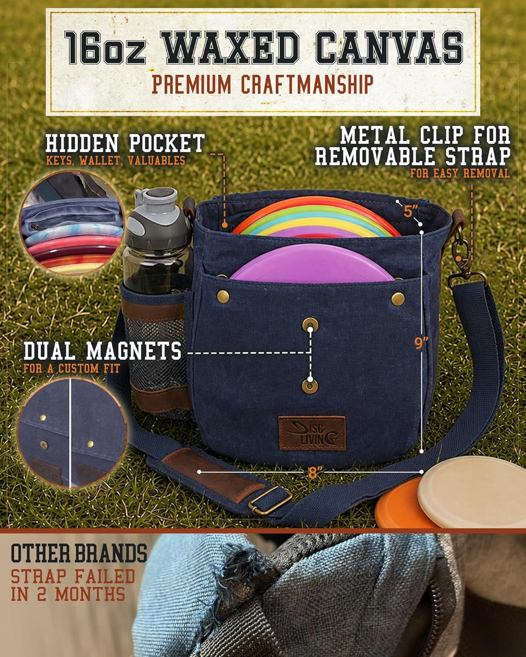Disc Golf Bag | Frisbee Golf Bag | Easy to Carry | Lightweight Fits up to 10 Discs | 16 Oz Waxed Canvas Sturdy Design | Belt Loop | Double Button Design | Bottle Holder