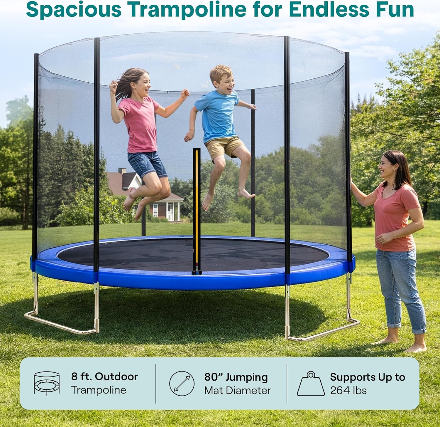 Trampoline Outdoor 8FT 10FT 12FT 14FT with Enclosure Net, Ladder and Anti-Rust Coating - ASTM Approved Recreational Trampolines - Heavy Duty Yard Trampolines for Kids and Adults