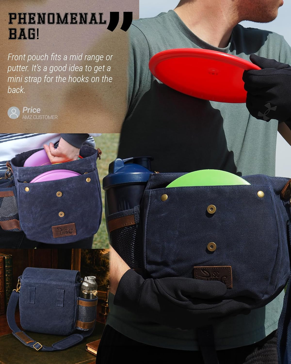 Disc Golf Bag | Frisbee Golf Bag | Easy to Carry | Lightweight Fits up to 10 Discs | 16 Oz Waxed Canvas Sturdy Design | Belt Loop | Double Button Design | Bottle Holder