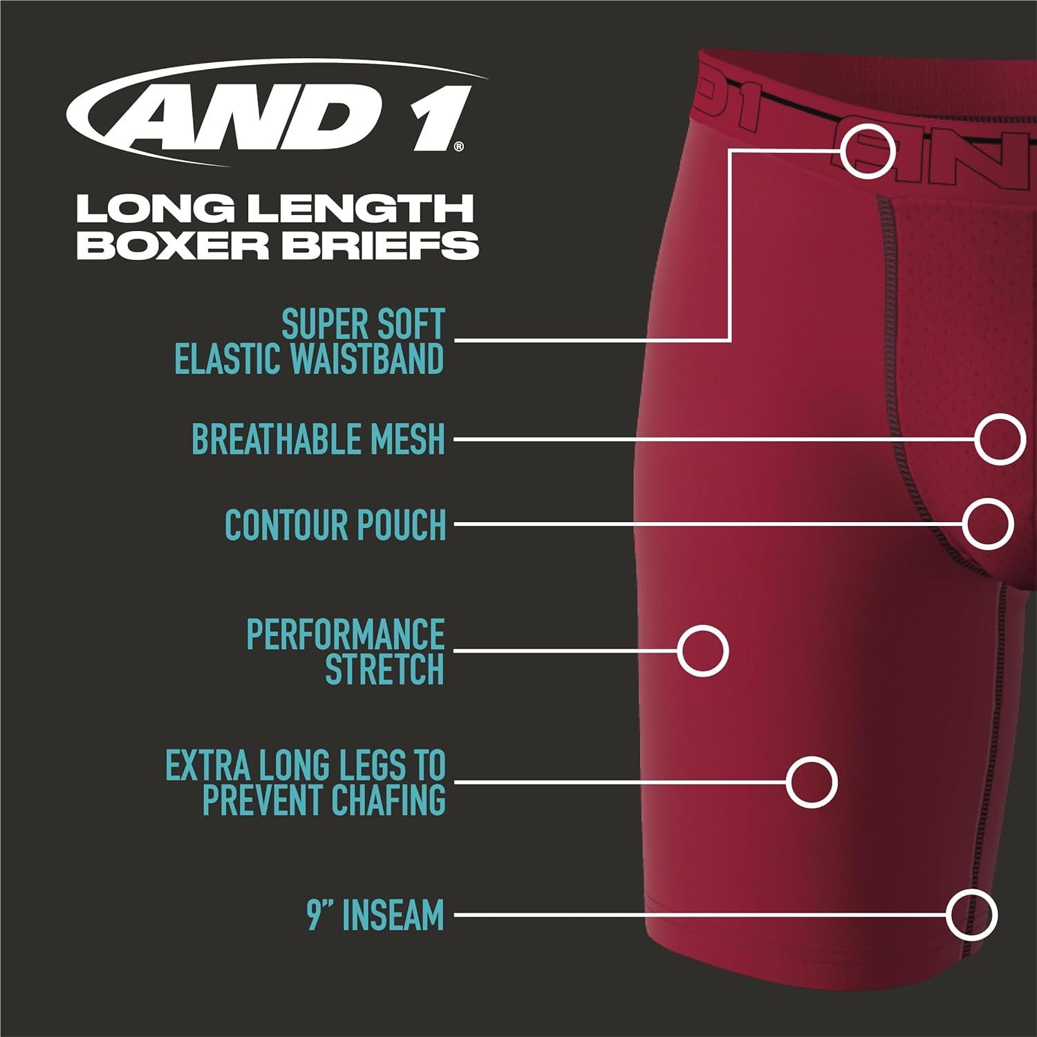 Mens Boxer Briefs - 5 Pack Long Leg, 9" Inseam, Contour Pouch