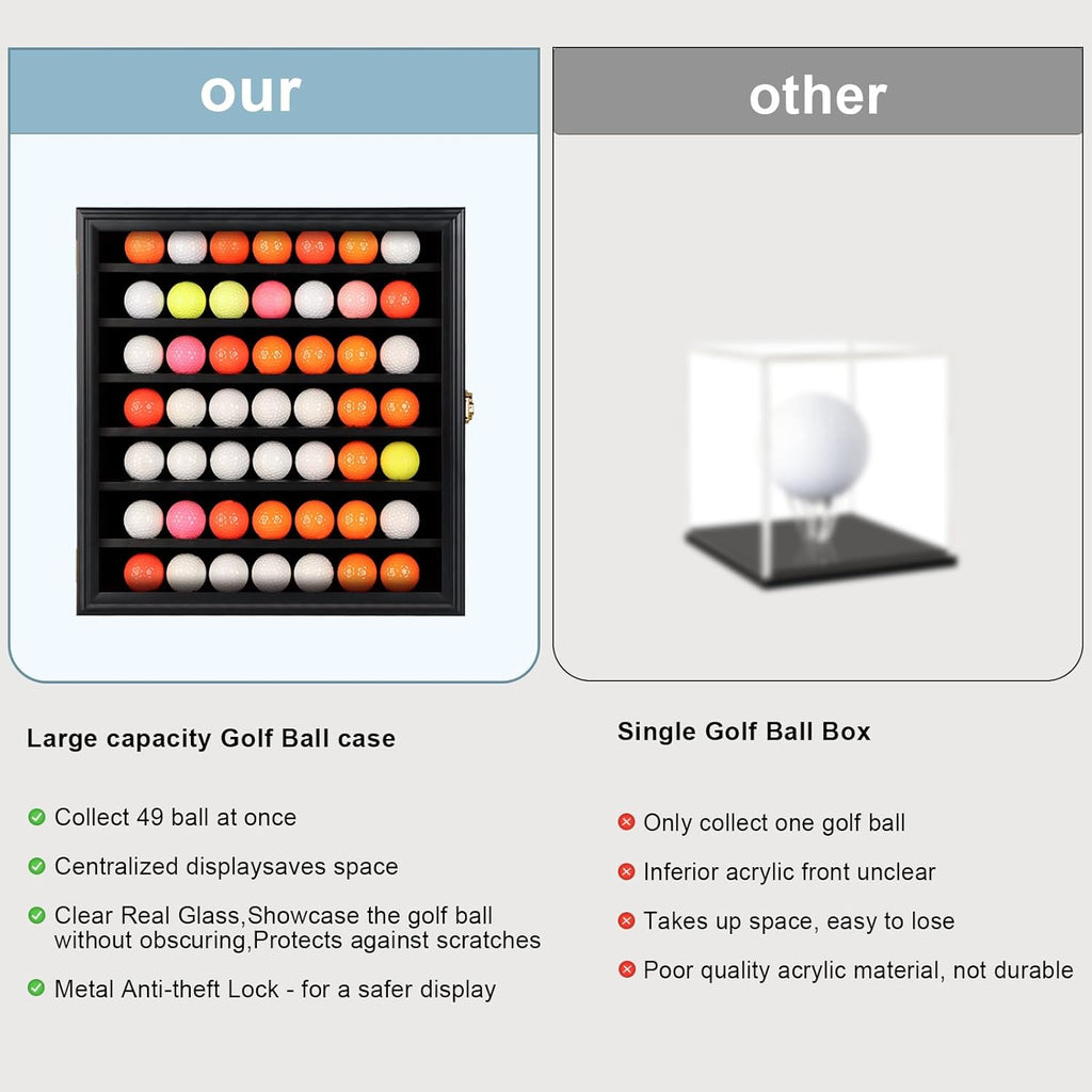 49 Golf Ball Display Case Lockable - Golf Ball Holder Gift for Golf Enthusiasts - Golf Ball Display Rack Cabinet for Wall Mount Real Glass Door, Black