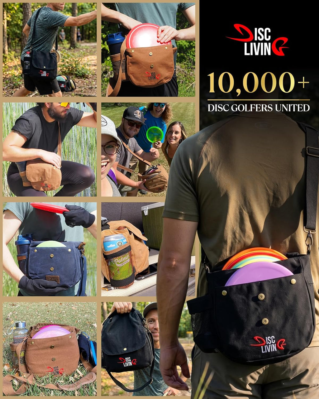 Disc Golf Bag | Frisbee Golf Bag | Easy to Carry | Lightweight Fits up to 10 Discs | 16 Oz Waxed Canvas Sturdy Design | Belt Loop | Double Button Design | Bottle Holder
